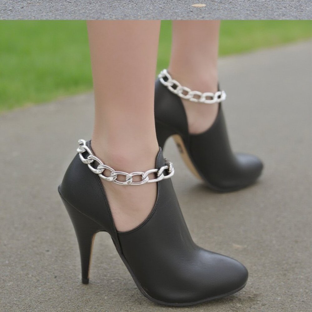 New 2PCS women silver metal boot chain link bracelet bling shoe charm anklet SET